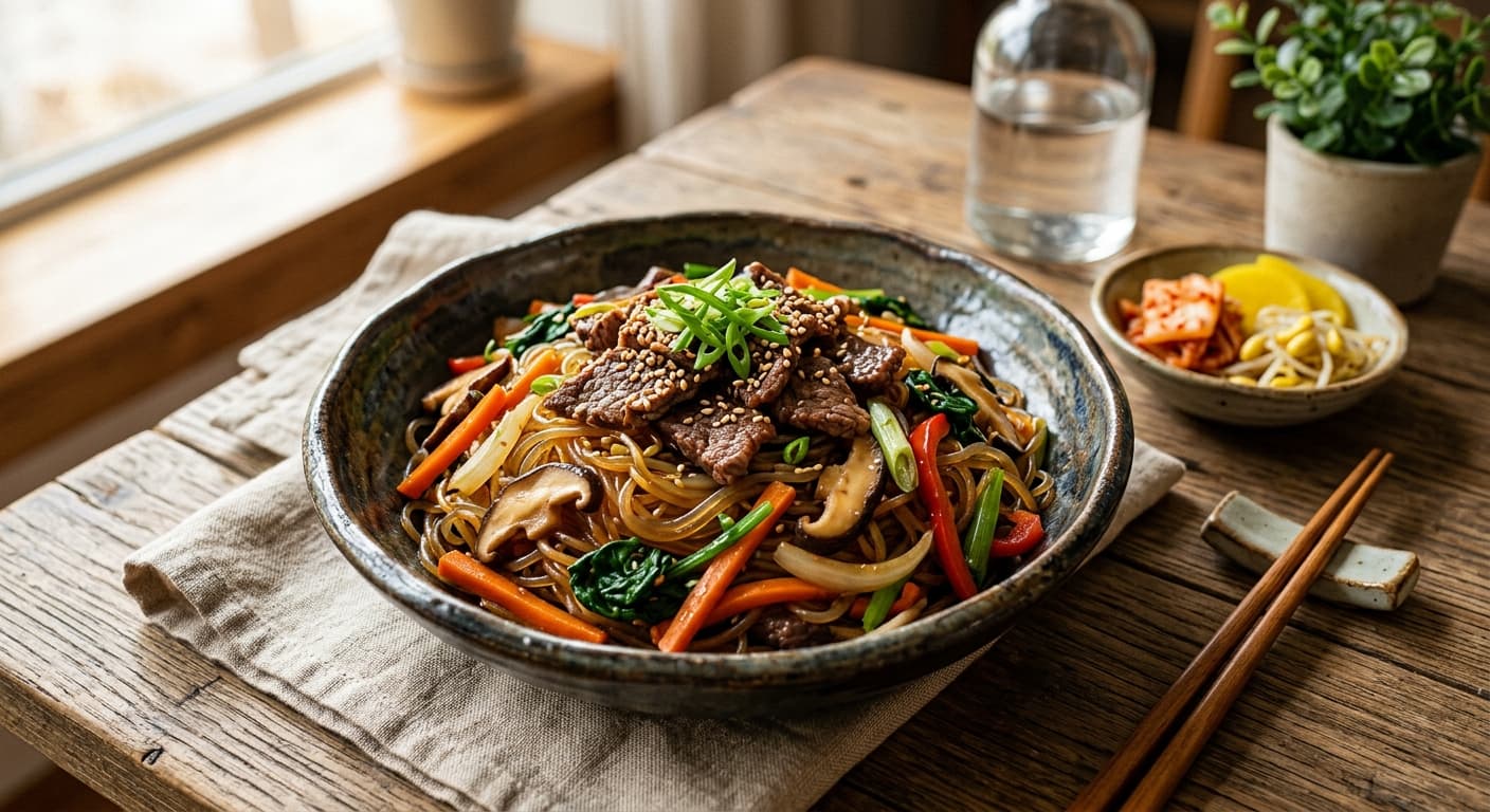 Japchae mie ubi Korea dengan daging iris dan sayuran tumis — Koruruk japchae