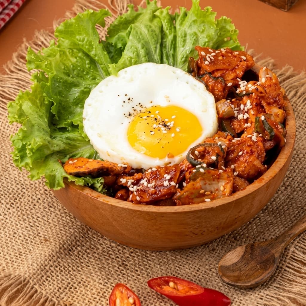 Korean main dish with rice and noodles in a bowl