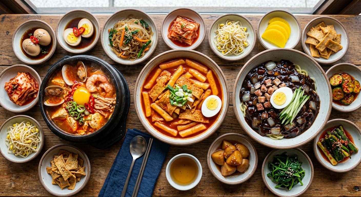 Delicious Korean food spread with tteokbokki, kimbap, and rice dishes