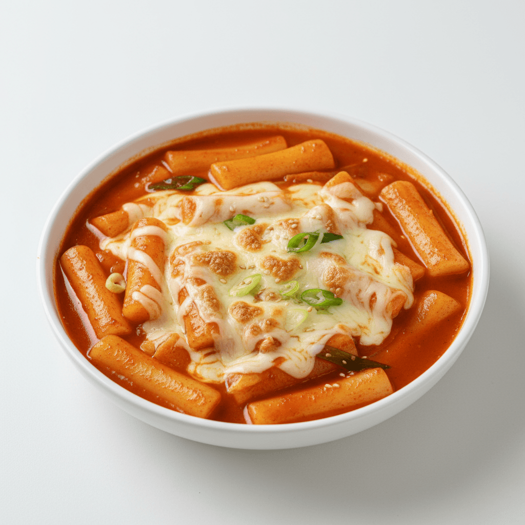 Tteokbokki spicy rice cakes in red sauce with fish cakes