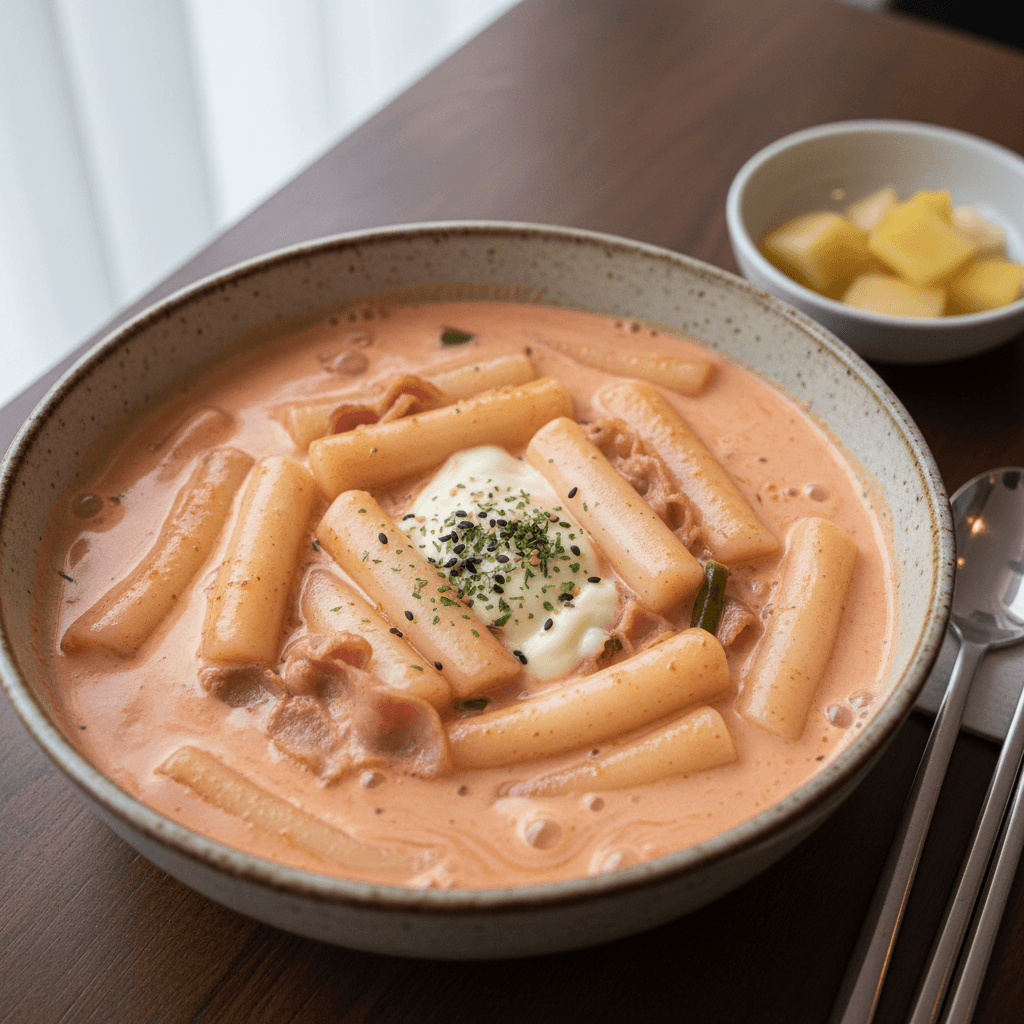 Rose tteokbokki creamy dengan saus rose Italia-Korea — menu spesial Koruruk